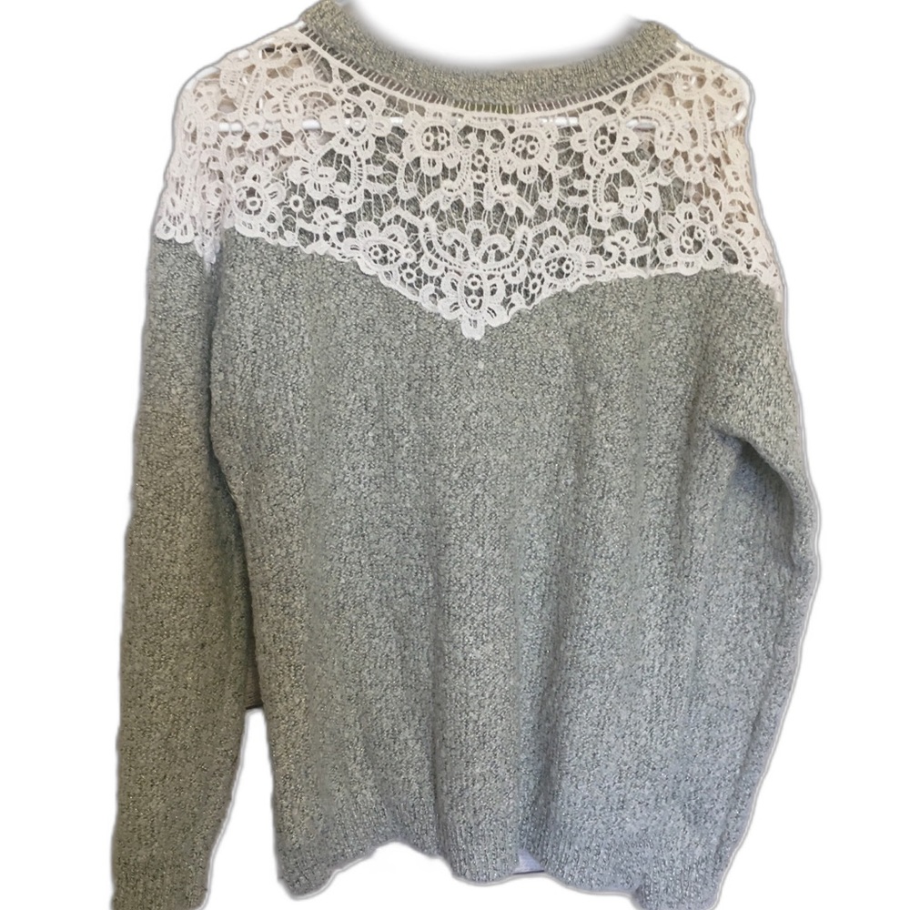 Forever 21 Gray White Lace Yoke Round Neck Long Sleeve Knit Sweater Size 2X